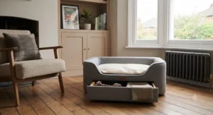 Neutral grey storage dog bed positioned neatly beside a sofa in a contemporary home.