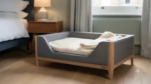 A grey wooden bedside dog bed featuring a plush orthopaedic mattress designed for senior dogs.