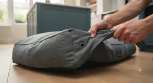 Heavy-duty, chew-resistant waterproof dog bed built for everyday use in a family kitchen.