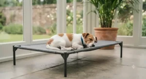 Jack Russell terrier lounging on a versatile sun-safe dog bed placed inside a bright British conservatory.