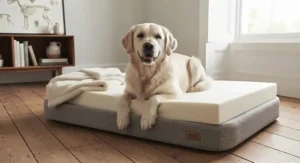 Labrador retriever lying relaxed inside a spacious multifunctional dog bed with integrated storage.