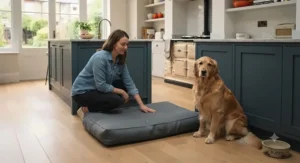A large waterproof dog bed positioned in a kitchen utility space to show scale and sizing.