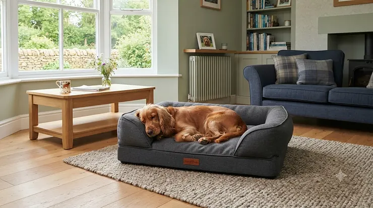 Charcoal grey luxury sofa-style dog bed positioned in a modern British living room, providing orthopedic support for a resting spaniel. sofa-style dog bed