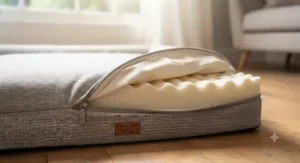 Easy-to-remove, machine-washable cover on a modern temperature-regulating dog bed.