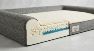 Cross-section view of a high-density memory foam orthopaedic dog mattress designed for bedroom use.