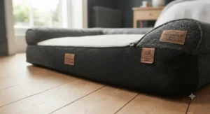 Non-slip rubber base on the bottom of an orthopaedic dog bed resting on wooden bedroom flooring.