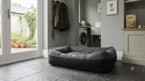 Non-slip dog bed placed securely on tiled hallway flooring to prevent movement near the backdoor