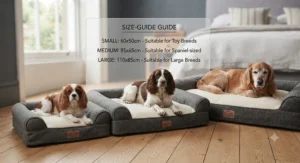 Size chart comparison for orthopaedic dog beds suitable for small, medium, and large breeds in UK homes.