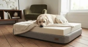 Large breed dog resting comfortably on a thick orthopaedic mattress set within a storage bed base.