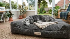An orthopedic dog bed for a conservatory providing joint support for senior dogs.