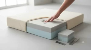 Cross-section diagram showing the thick orthopedic memory foam inside a supportive non-slip dog bed