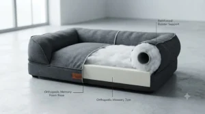 Cutaway diagram of an orthopedic sofa-style dog bed highlighting high-density memory foam padding and lumbar bolsters.