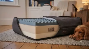 Cutaway diagram showing orthopedic foam layers inside a quiet dog bed for night time joint support.