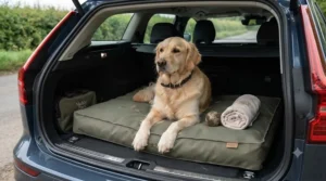 A versatile wipe-clean dog bed laid out in a car boot, ideal for muddy walks and outdoor adventures.