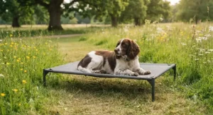 Lightweight and portable sun-safe dog bed set up on the grass at a British park for a resting spaniel.