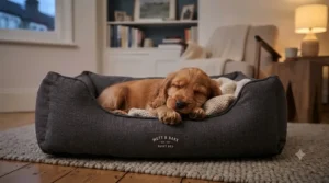 A happy puppy sleeping soundly and peacefully on a quiet dog bed through the night.
