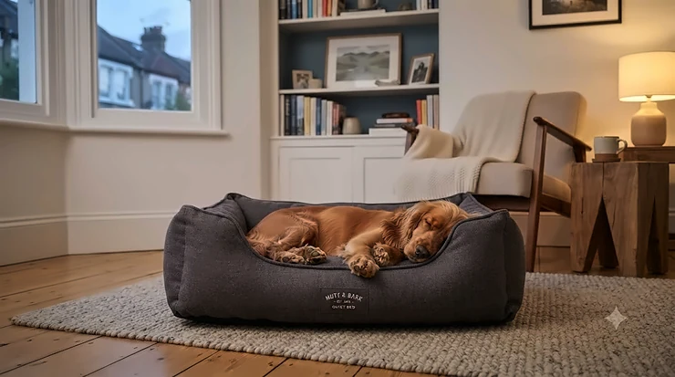 A plush, sound-dampening quiet dog bed placed in a quiet British living room, designed for peaceful night time sleep. quiet dog bed for night time