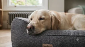 Dog resting its head comfortably on the raised bolster edge of a supportive non-slip dog bed.