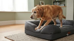 Older Labrador gently stepping onto the low-profile bolster of a supportive sofa-style dog bed.