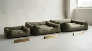 Size guide chart displaying various dimensions for a chew-proof dog bed to suit small and large breeds.