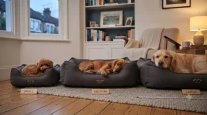 Visual sizing guide comparing small, medium, and large breeds resting on a quiet dog bed.