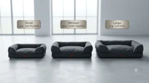 Comparison lineup of small, medium, and large sofa-style dog beds suited for different dog breeds.