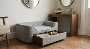 Compact storage dog bed fitting snugly into a hallway corner to save floor space in a flat.