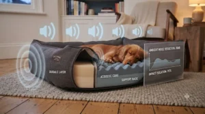 Infographic illustrating the sound-dampening materials of a quiet dog bed designed for undisturbed night time sleep.