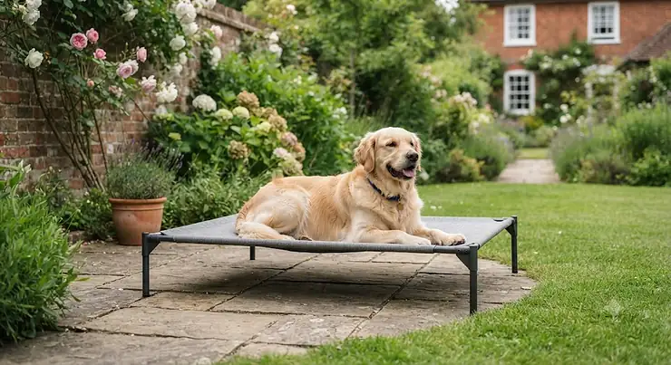 Golden retriever relaxing on a grey sun-safe dog bed on a sunny patio in a British garden, featuring UV-resistant fabric. sun-safe dog bed