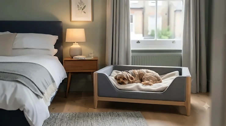 A cosy bedside dog bed placed next to a master bed in a modern UK apartment, offering a small dog a secure sleeping space. bedside dog bed