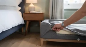 A British owner unzipping the machine-washable fabric cover of a grey bedside dog bed for easy cleaning.
