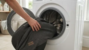 Putting a removable, machine-washable cover of a non-slip dog bed into the washing machine for easy cleaning.