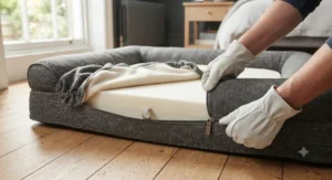 Removing the machine-washable tweed cover from a large orthopaedic dog bed for easy cleaning.