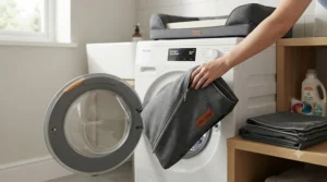 Removable zipped cover of a sofa-style dog bed being placed into a washing machine for easy cleaning.