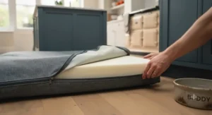 Removing the machine-washable cover from a waterproof dog bed for easy kitchen hygiene.