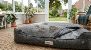 A machine-washable dog bed for a conservatory with a removable cover for muddy paw prints.