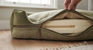 Underside view of a waterproof designer dog bed base designed to protect against damp floors.