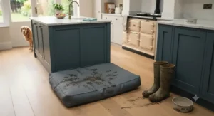 Practical waterproof dog bed in a kitchen, ideal for cleaning up after muddy winter walks.