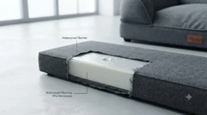 Close-up of the waterproof internal lining on a sofa-style dog bed protecting the inner foam from spills.