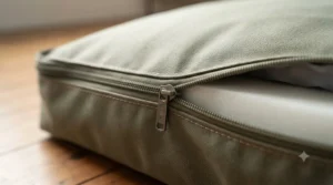 Detail of the secure zip closure on a wipe-clean dog bed cover for effortless removal and storage.