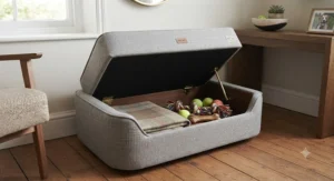 White painted wooden dog bed featuring pull-out storage drawers underneath the mattress.