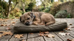 A heavy-duty all-weather dog bed for garden use surrounded by crisp autumn leaves on decking.