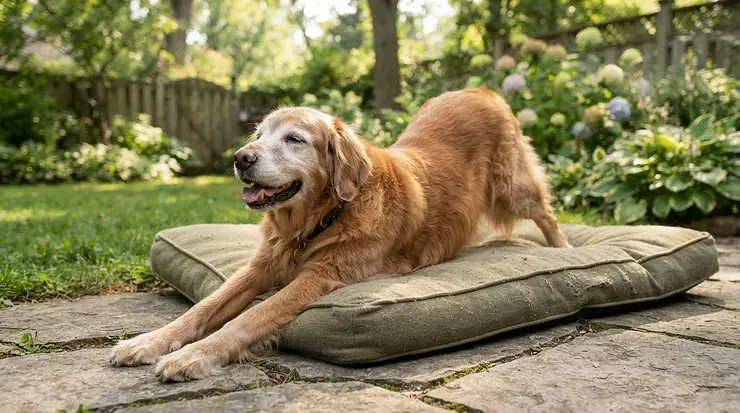 An orthopaedic all-weather dog bed for garden support offering thick memory foam cushioning.