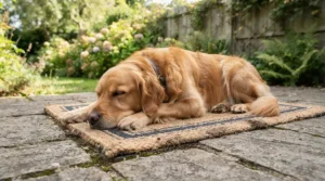 An all-weather dog bed for garden relaxation on a paved patio during a sunny afternoon.