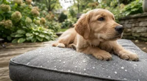 A water-resistant all-weather dog bed for garden positioning during light British drizzle.