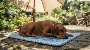 A cool all-weather dog bed for garden shade set under a large garden parasol.