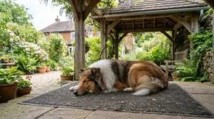 An all-weather dog bed for garden shelter placement beneath a wooden summerhouse overhang.