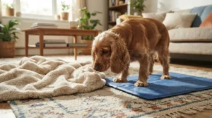 A Cocker Spaniel choosing between a traditional blanket and a cooling dog bed for summer