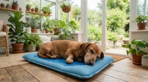 A Dachshund sleeping peacefully on a portable cooling dog bed for summer in a glass conservatory