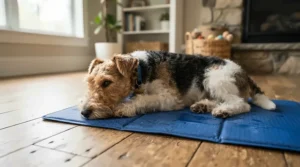 A small terrier resting comfortably on a cooling gel mat style cooling dog bed for summer